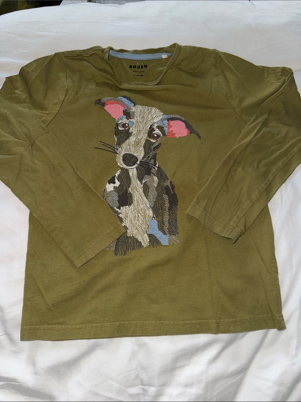Boden Olive Green Long-Sleeve Dog Embroidered Shirt size 9-10